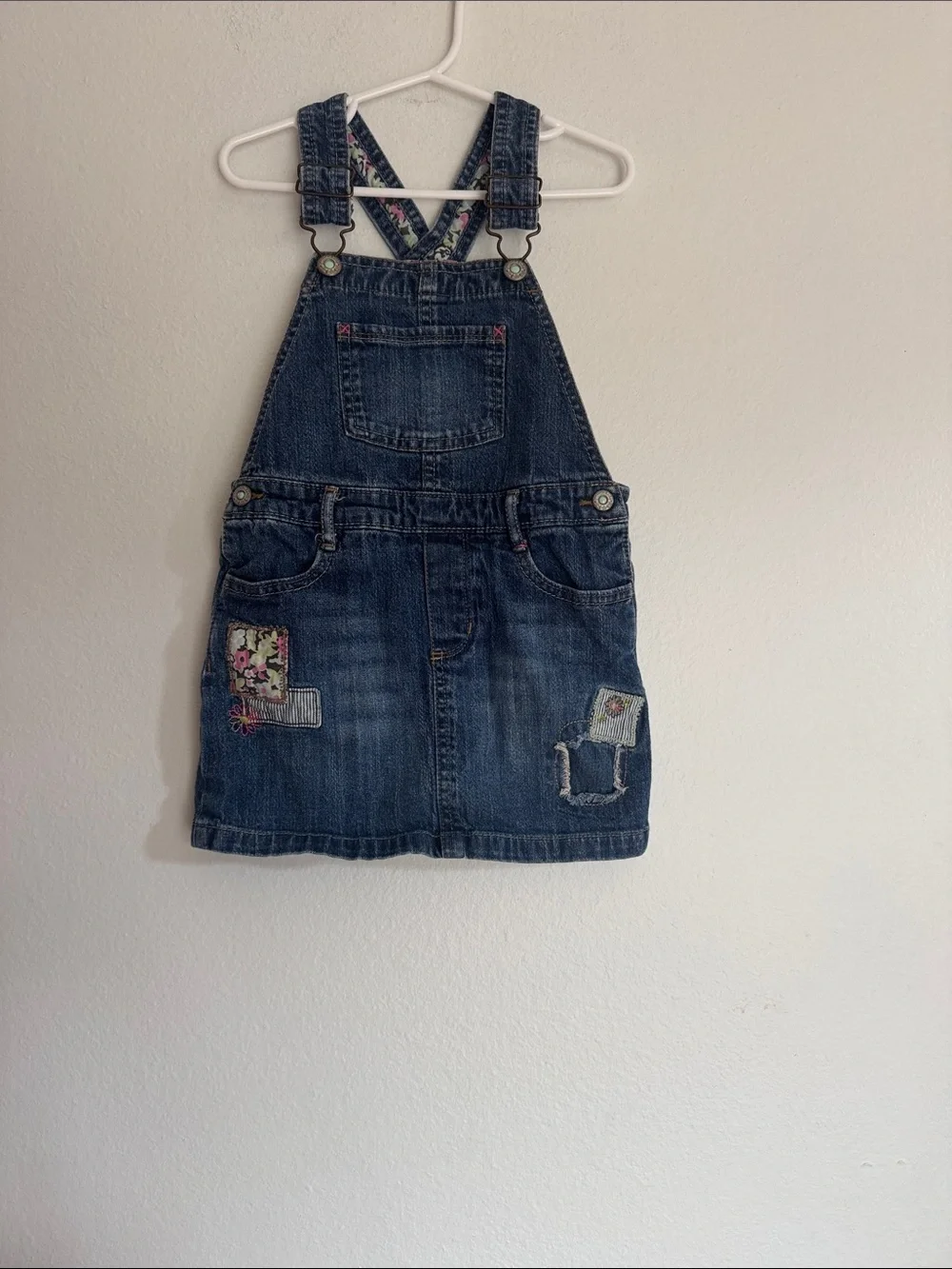 OshKosh B'gosh Blue Denim Girls' Overall Dress with Floral Patches